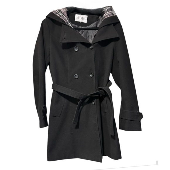 MaxMara Jackets & Blazers - MaxMara Black Wool Blend Double-Breasted Plaid Lined Hooded Coat Size XL